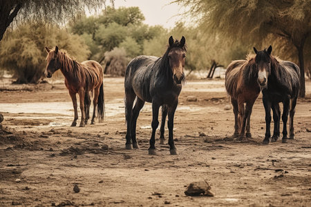 Herd of wild horses on a path. Generative AIの素材