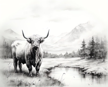 Watercolor of a large, very woolly cow in a mountainous valley.の素材