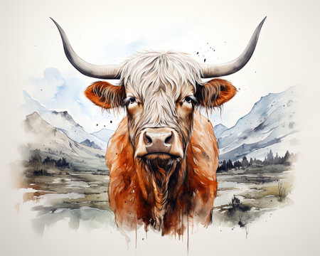 A Watercolor of a large, very woolly cow in a mountainous valley.の素材