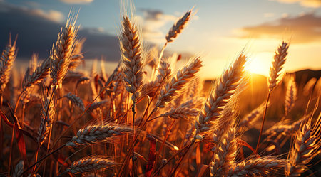 Closeup of an ear of wheat at the golden hour at dawn or dusk in a field cultivated with wheat.の素材