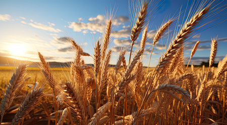 Closeup of an ear of wheat at the golden hour at dawn or dusk in a field cultivated with wheat.の素材