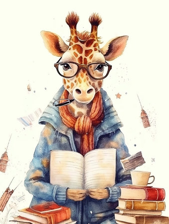 Drawing of a cute giraffe reading a book at his desk.の素材