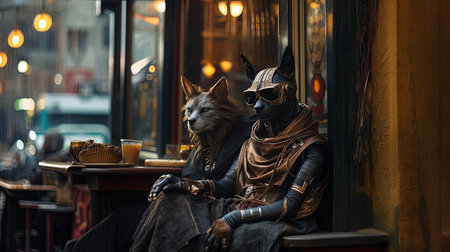 Ancient animal gods drinking coffee in Paris in modern times.の写真素材