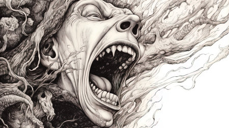the face of madness from the side screaming and elements of classic fantasy, hallucination, mental insaneの写真素材