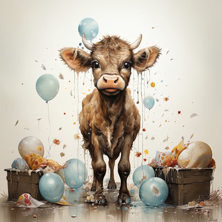 A Children's cartoon illustration of an adorable cow celebrating a birthday.の素材