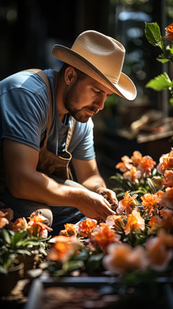 Portrait of a gardener working on a flower bench in a garden or back yard.の素材