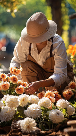 Portrait of a female gardener working on a flower bench in a garden or back yard.の素材