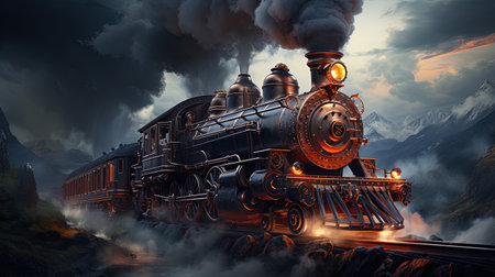 Old train on its track traveling with the locomotive releasing steam and smoke from its nozzles.の素材