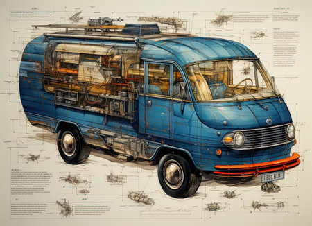 drawing of the design of a van with all the details of the objects and elements inside.の素材