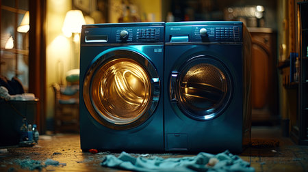 Interior of modern laundry room with washing machines and dirty clothesの素材