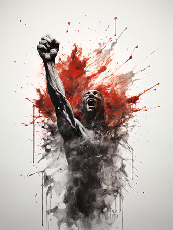 Illustration of a man shouting with his fist raised. Concept of social struggle.の素材