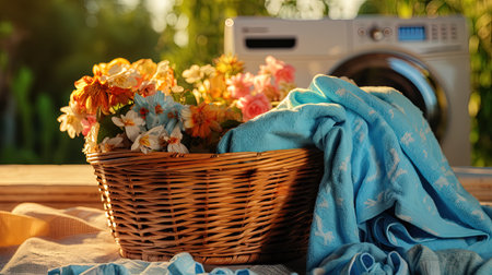 A Rattan basket with colorful folded clothes and flowers among the clothes.の素材