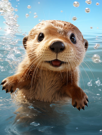 Close-up of a curious and friendly otter swimming underwater and looking forward.の素材