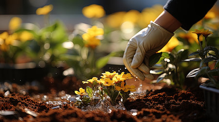 Hands of a horticulturist with protective gloves transplanting a flowering plant in a gardenの素材