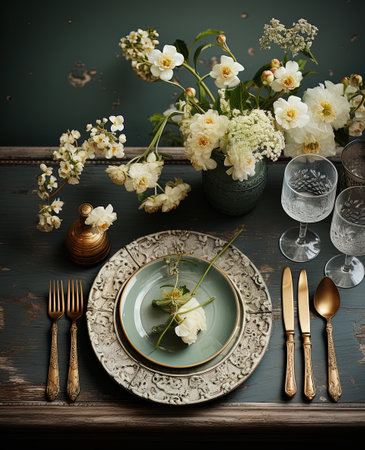Rustic table for celebrating with porcelain tableware, glasses, vases and white flowers in green tones.の素材