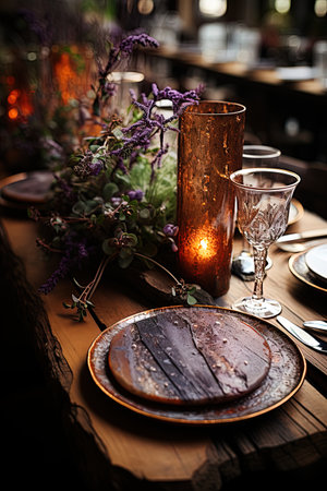 Rustic table for celebrating with porcelain tableware, glasses, vases and white flowers in country tones.の素材