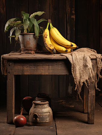 bunch of Bananas on a wooden bench with other fruits and rustic fabrics.の素材