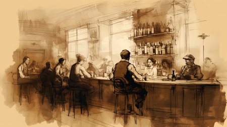 Old drawing in black ink of a typical bar from the 1920s, with people drinking at the counter.の素材