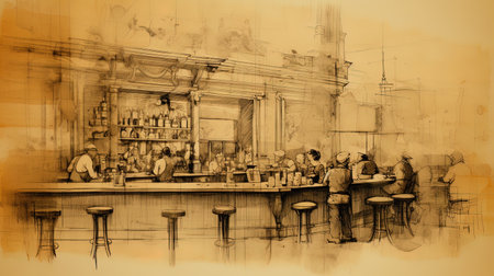 Old drawing in black ink of a typical bar from the 1920s, with people drinking at the counter.の素材