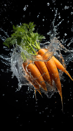 Soft fresh organic raw carrots falling into water and splashingの素材