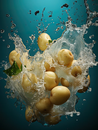 Soft fresh organic raw Andean potatoes falling into water and splashingの素材