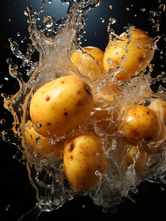 Soft fresh organic raw Andean potatoes falling into water and splashingの素材