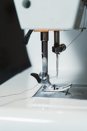 Detail of the needle, foot and presser foot of a household sewing machine.