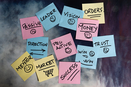 Many business-related concepts each written on a different post-it or note.