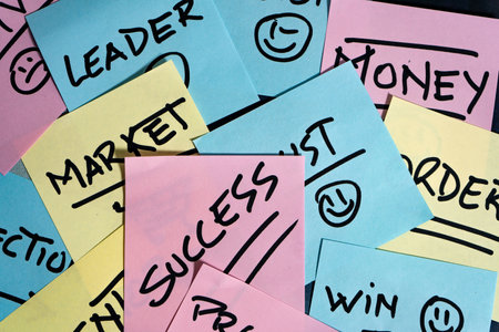 Different business-related concepts each written on a different post-it or note.