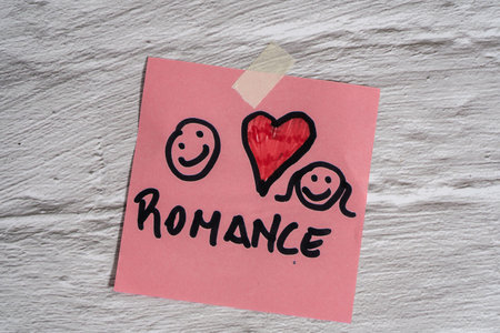 Sticky note or post-it with a word, a heart and some romantic emojis