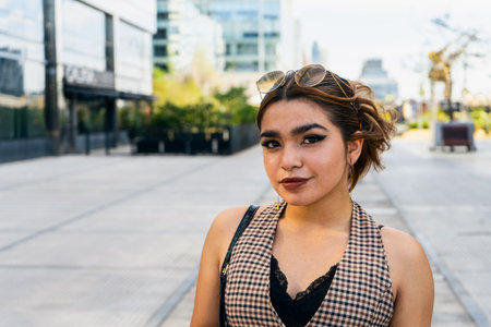 Confident businesswoman posing in a modern city environmentの写真素材