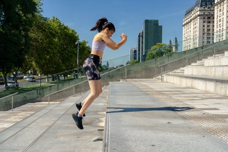Fit woman training, improving her physical condition by running up stairs in buenos airesの写真素材