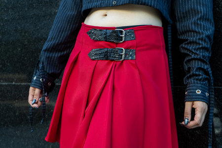 Close-up of a stylish woman's outfit featuring a red skirt with black buckles and a matching pinstriped shirtの写真素材