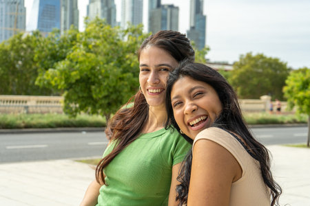 Two friends enjoying their time together in the city of Buenos Aires, Argentinaの写真素材
