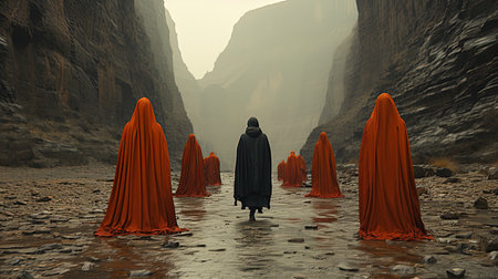 Mysterious figures in red cloaks stand in a canyon as a person wearing a dark cloak walks between themの写真素材