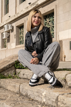 Young blonde woman with leather jacket and turtleneck sweater sitting on a stone ledge in front of buildingの写真素材