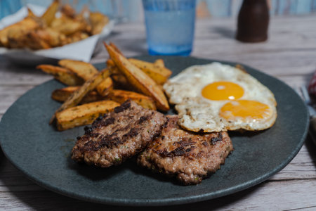 Two juicy homemade hamburgers served with fried eggs and roasted potatoes create a fulfilling and satisfying mealの写真素材