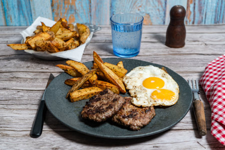 Two juicy homemade hamburgers served with fried eggs and roasted potatoes create a fulfilling and satisfying mealの写真素材