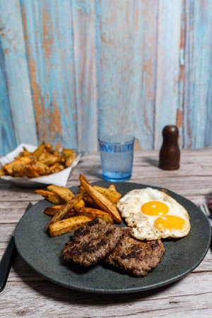 Two juicy homemade hamburgers served with fried eggs and roasted potatoes create a fulfilling and satisfying mealの写真素材