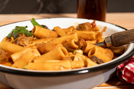 Close-up of tortiglioni pasta with beef and mushroom sauce, garnished with fresh parsley, served in an enamel bowlの写真素材