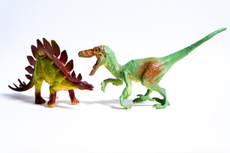 Plastic dinosaur toys depicting a velociraptor attacking a stegosaurus, isolated on a white background, provide a glimpse into prehistoric timesの写真素材