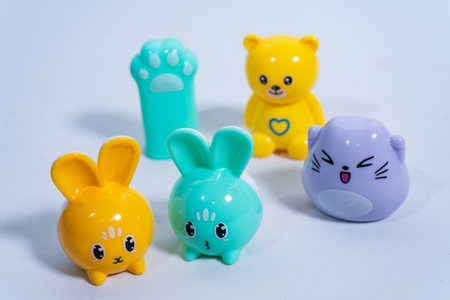 Adorable animal-shaped pencil sharpeners add a touch of fun to school supplies, featuring vibrant colors and charming designsの写真素材