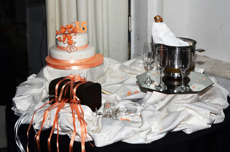 Fifteen party cake and champagneの写真素材