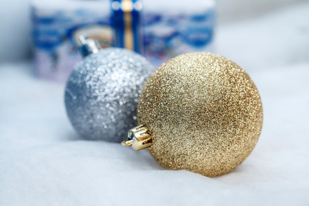 Big golden and silver christmas balls, closeupの写真素材