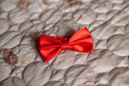 Red wedding bow tie on gray backgroundの写真素材