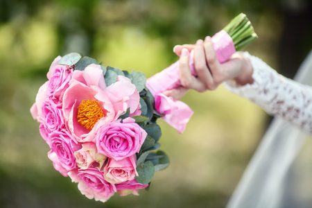 Close up of beautiful pink wedding bouquetの写真素材