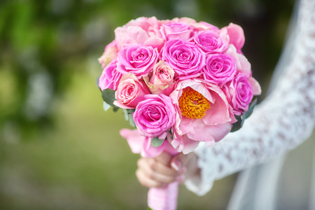 Close up of beautiful pink wedding bouquetの写真素材