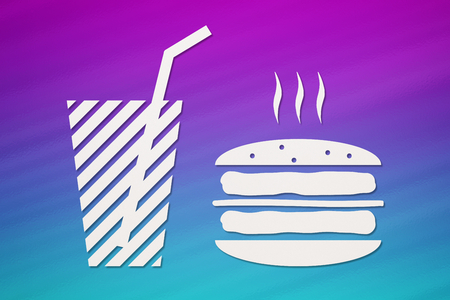 Paper burger and beverage inside on colorful background, fastfood concept. Abstract food conceptual imageの写真素材