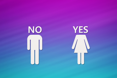 Paper man with NO text and woman with YES on colorful background. Unrequited love or divorce concept. Abstract conceptual imageの写真素材