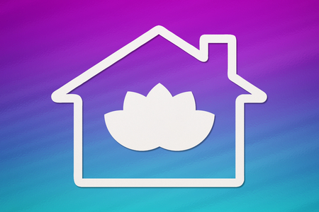Paper house with lotus flower inside on colorful background. Abstract yoga conceptual imageの写真素材